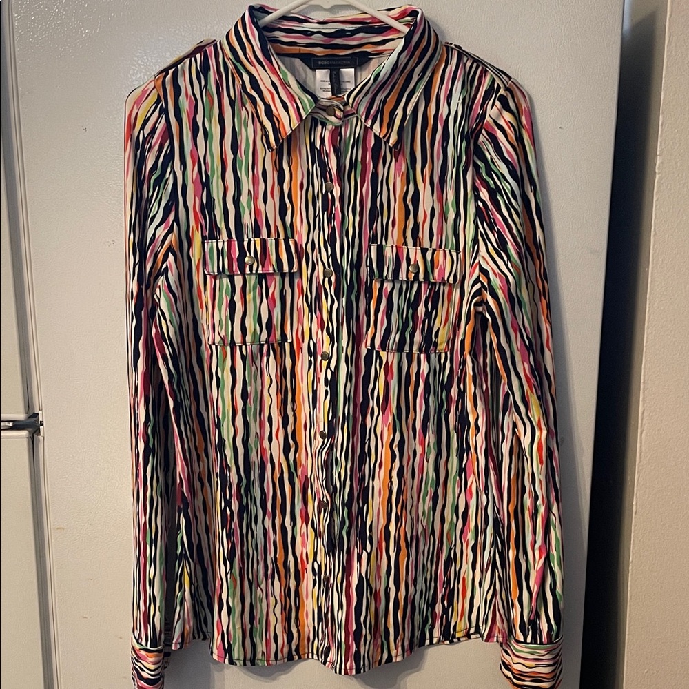 BCBGMaxAzria Large Multicolor‎ Wavy Stripe Button-Up Long Sleeve Blouse